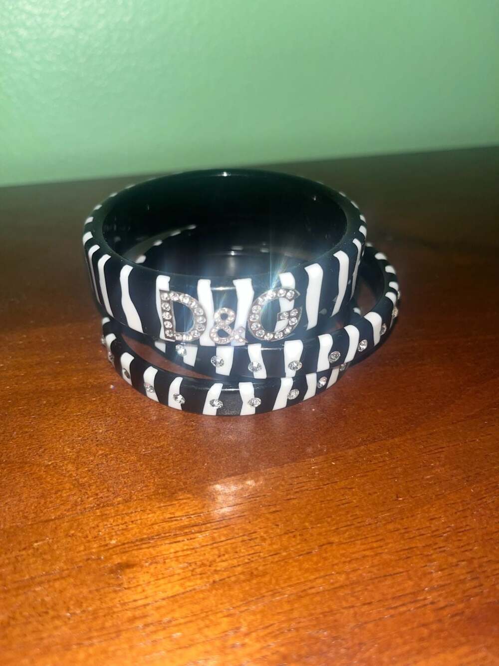 D&G Dolce & Gabbana Black and White Zebra Stripe Rhinestone Bangle Bracelet Set